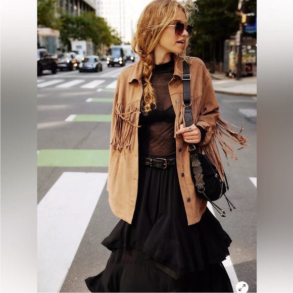 We The Free by free people Fringe Out Vegan Suede Jacket Sz XS Brown Tan - Picture 3 of 16